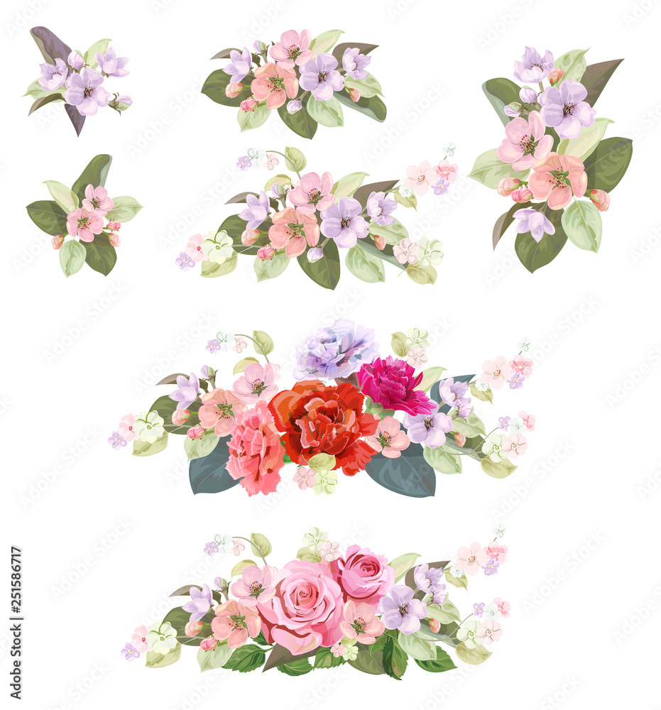 Set of bouquets: roses, spring blossom, carnations. Borders with red, mauve, pink flowers, buds, green leaves on white background. Digital draw illustration in watercolor style, vintage, vector