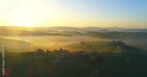 Aerial nature landscape beautiful hills forests fields and vineyards of Tuscany, Italy.