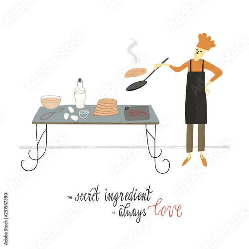 Vector illustration. The guy makes pancakes. Drawing and quote.