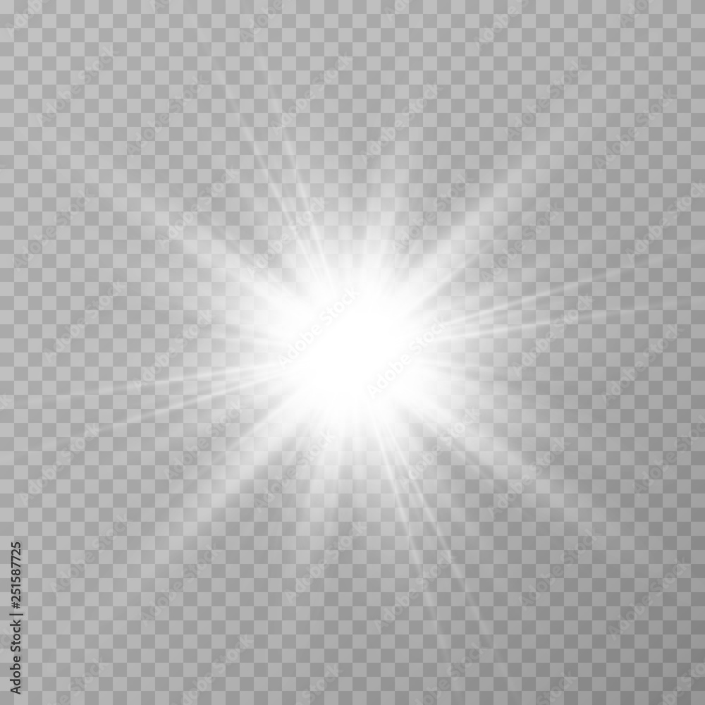 White glowing light. Beautiful star Light from the rays. A sun with highlights. A bright beautiful star. A sun light