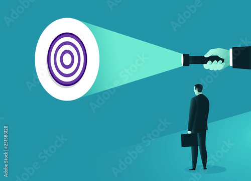 Uncovering goal. A hand holding a flashlight uncovering hidden target. Business concept. Vector illustration