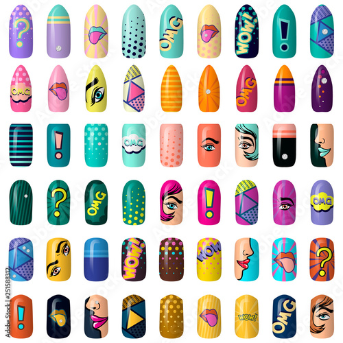 set of colored painted pop art nail stickers. Neon manicure art. nail polish. isolated on a dark background