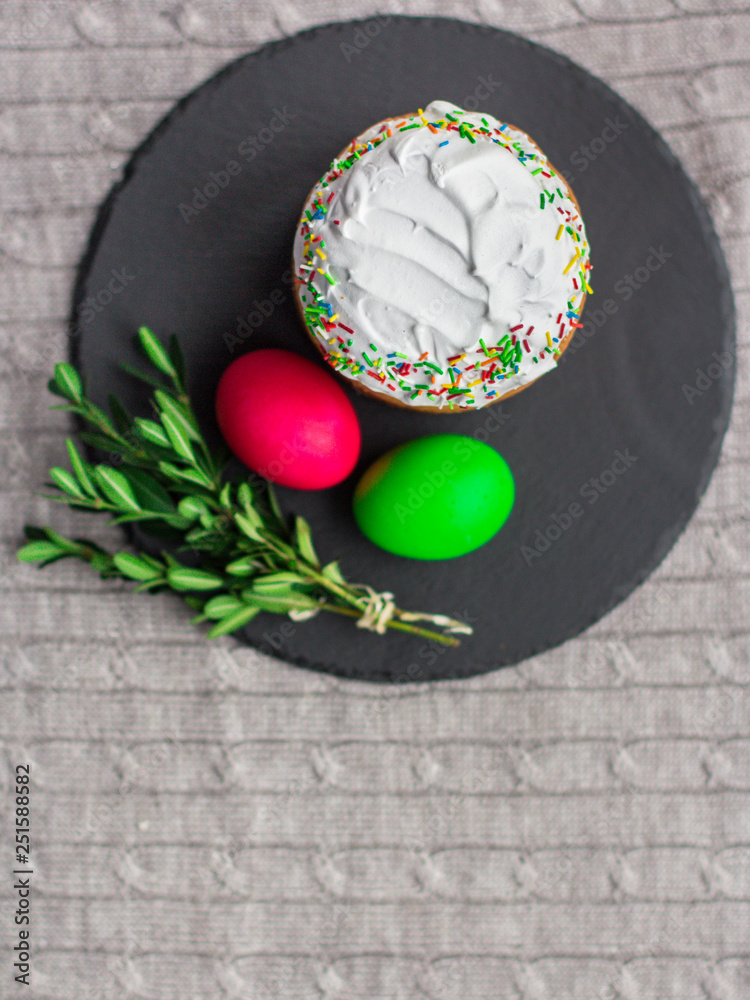 easter cake and easter eggs, traditional holiday design (happy easter!). top view. food background easter cake and easter eggs, traditional holiday design (happy easter!). top view. food background