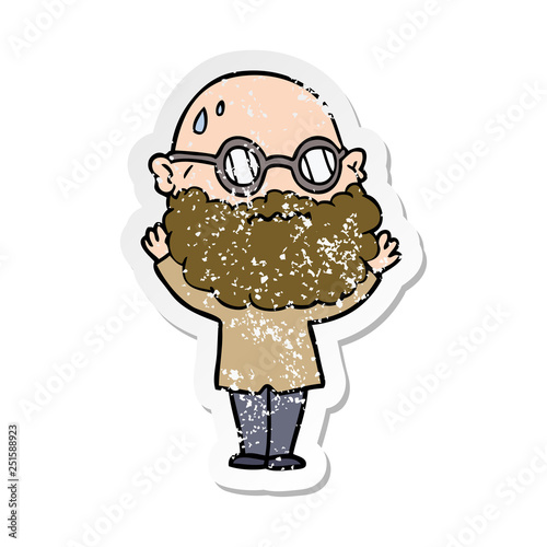 distressed sticker of a cartoon worried man with beard and spectacles