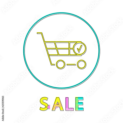 Shopping cart or trolley depicting sale or discounts notification, sellout in online stores. Small icon in minimalist linear style for e-commerce.