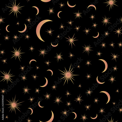 Seamless pattern with suns, moons and stars. Vector gold and black illustration. Print could be used for textile, zodiac star yoga mat, underwear