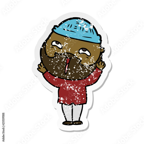 distressed sticker of a cartoon happy bearded man