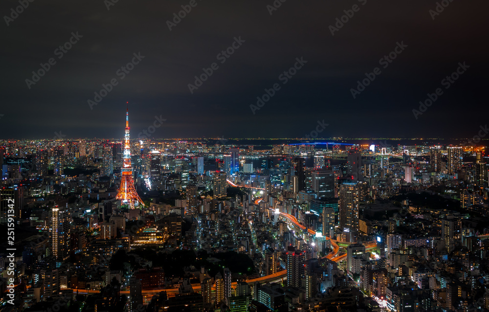 Night skyline and cityscape of Tokyo City seen from the observatory deck of Roppongi Hills.
