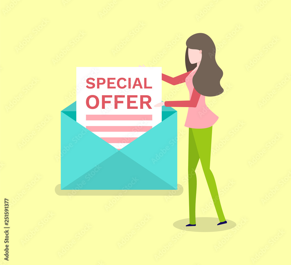 Special offer paper in envelope and woman isolated. Vector cartoon girl send message with promo proposal, mail and brunette female, shopping concept