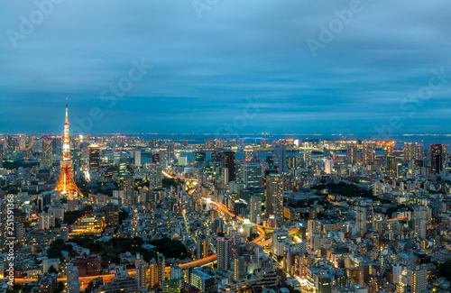 City skyline and cityscape of Tokyo City seen from the observatory deck of Roppongi Hills during sunset.