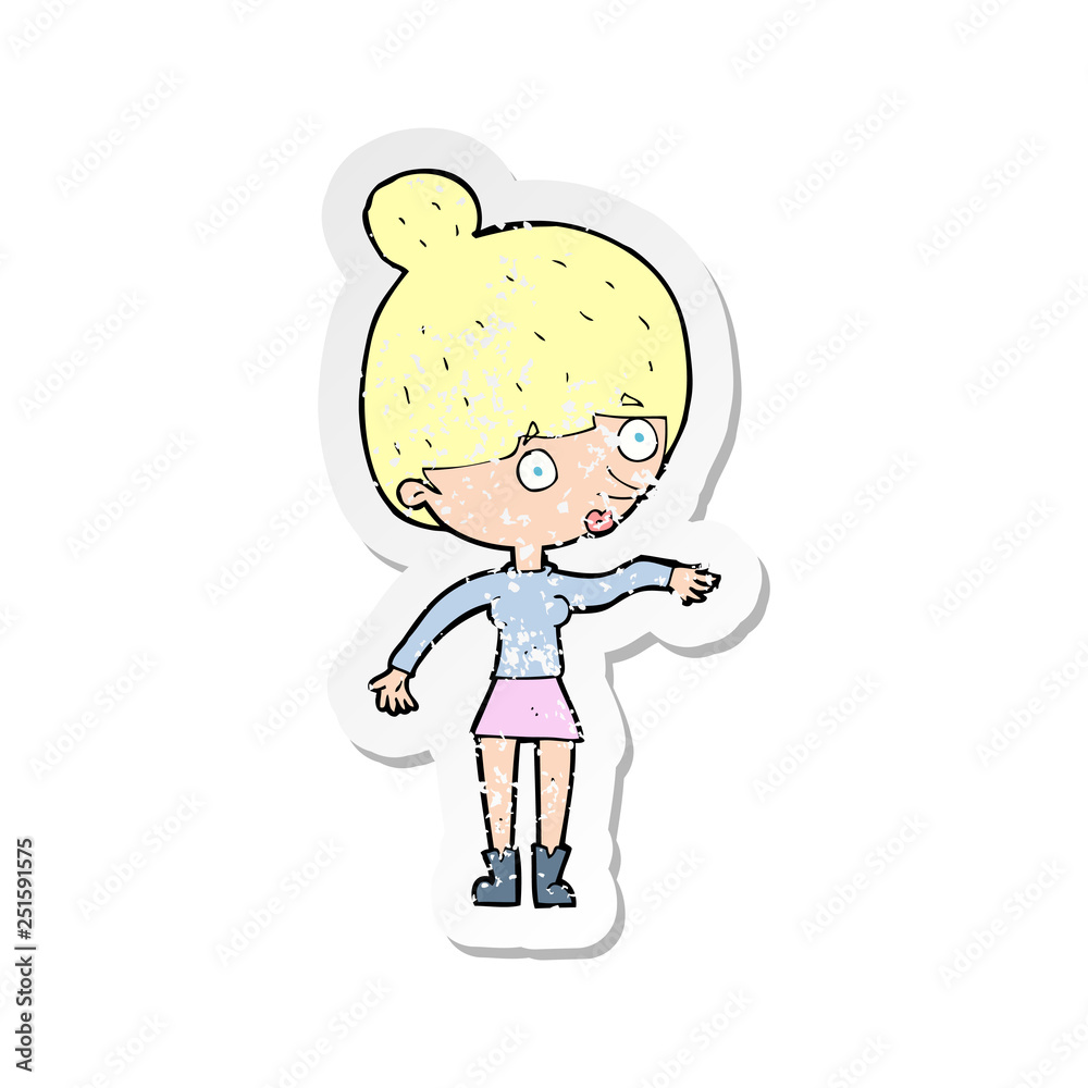 retro distressed sticker of a cartoon surprised woman retro distressed sticker of a cartoon surprised woman
