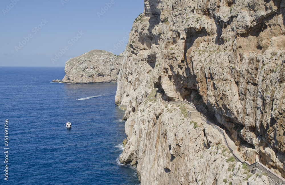 View of the sea and cliff, way to Grottes de Neptune, Sardinia, Italy