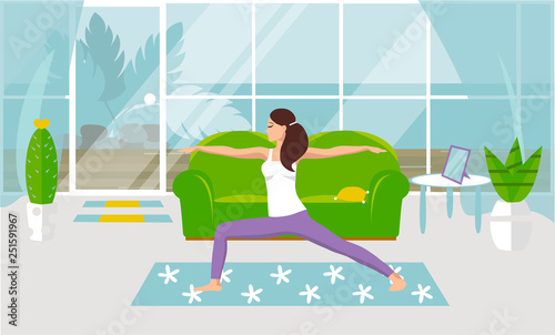 A vector illustration A girl practices yoga in a war pose at home, in a cozy living room. Design of a modern room with furniture and accessories. Large window, glass door, exit to the courtyard