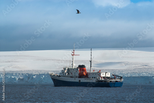 Expedition ship, cruise in Antarctic landscape, Paulet island, near the Antarctic Peninsula