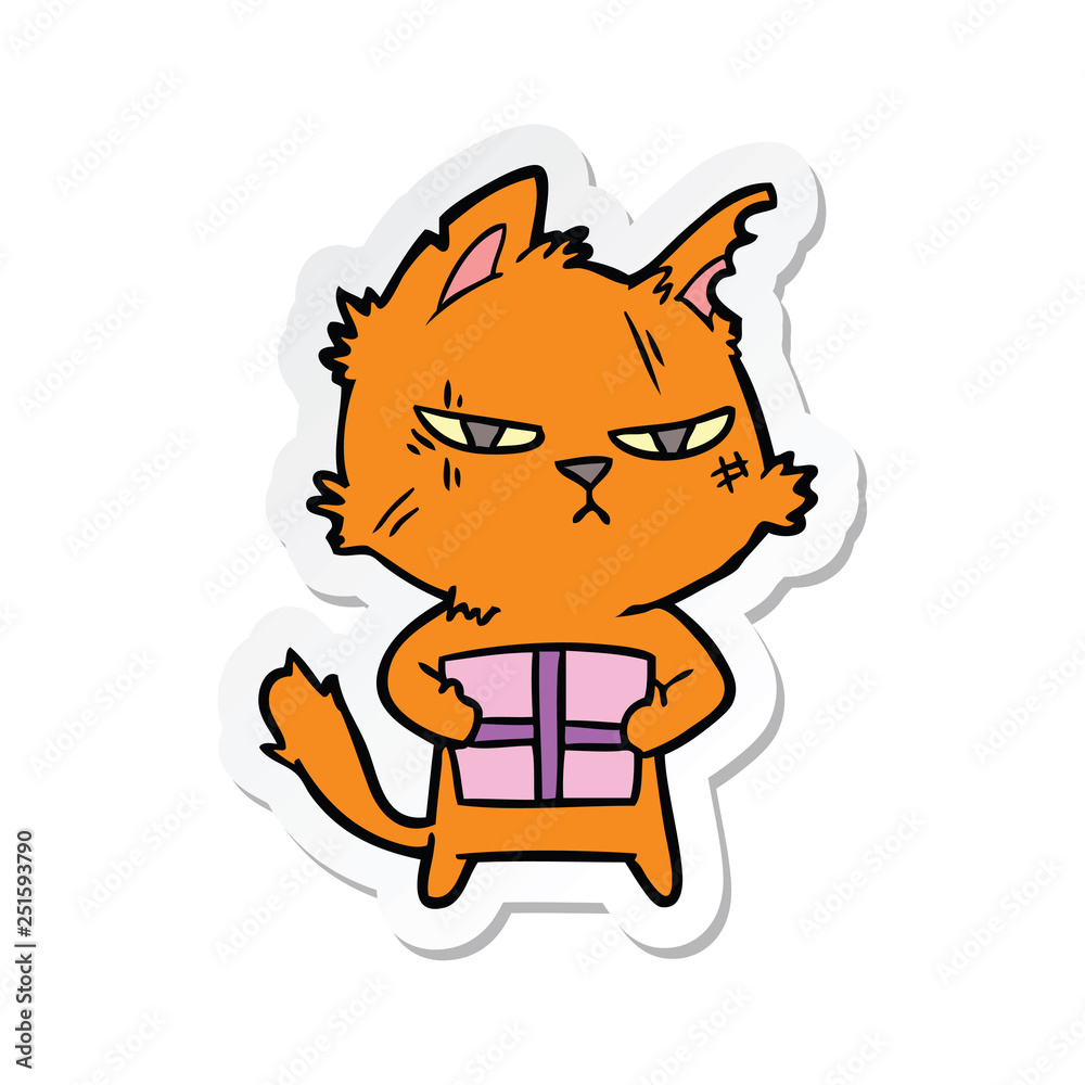 sticker of a tough cartoon cat with christmas present sticker of a tough cartoon cat with christmas present