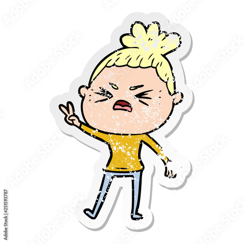 distressed sticker of a cartoon angry woman