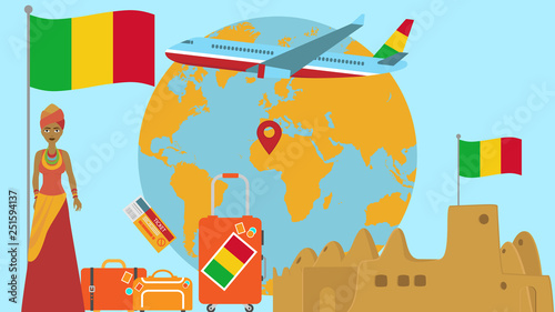 Welcome to Mali postcard. Travel and safari concept of Africa world map vector illustration with national flag welcome background