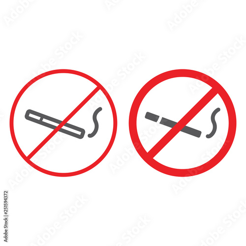No smoking line and glyph icon, prohibited and forbidden, no cigarette sign, vector graphics, a linear pattern on a white background.
