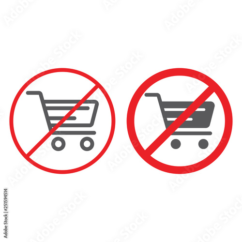 No shopping cart line and glyph icon, prohibited and forbidden, no shopping trolley sign, vector graphics, a linear pattern on a white background.