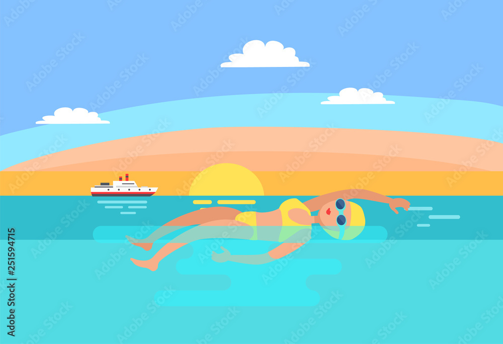 Backstroke swimming expert female vector. Sunrise and professional woman in sea water. Ship transport floating in distance, sport and morning workout