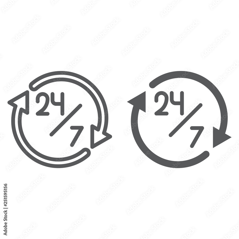 Fototapeta premium Twenty four hour line and glyph icon, open and service, 24 hours sign, vector graphics, a linear pattern on a white background.