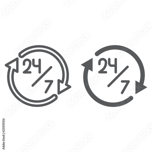 Twenty four hour line and glyph icon, open and service, 24 hours sign, vector graphics, a linear pattern on a white background.