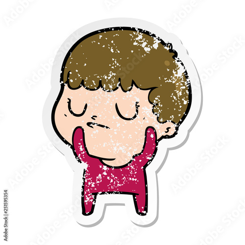 distressed sticker of a cartoon grumpy boy