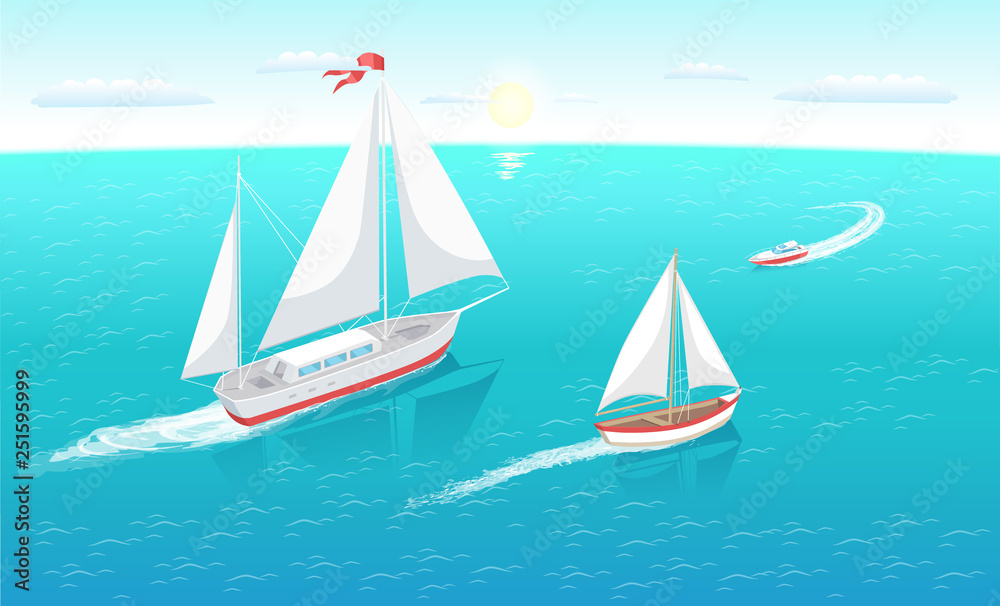 Sail boats with white canvas sailing in deep blue waters and leave trace vector illustration at seascape. Modern yacht marine nautical personal ships