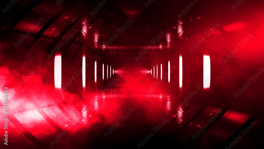 Abstract red, pink background with neon lights, metal construction, tunnel, corridor, neon lights, red laser lights, smoke. Light pyramid, triangle. 3D illustration