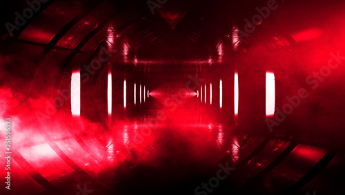 Abstract red, pink background with neon lights, metal construction, tunnel, corridor, neon lights, red laser lights, smoke. Light pyramid, triangle. 3D illustration © MiaStendal