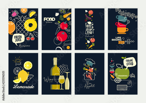 Set of restaurant menu, brochure, flyer design templates. Vector illustrations for food and drink marketing material, natural products presentation, cover design, wine list and cocktail menu templates