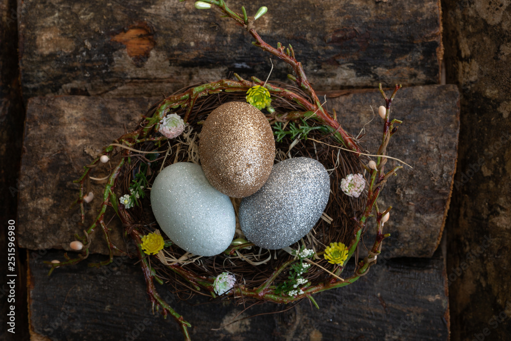 Easter Egg Woodland Nests, Wooden Background Easter Egg Woodland Nests, Wooden Background