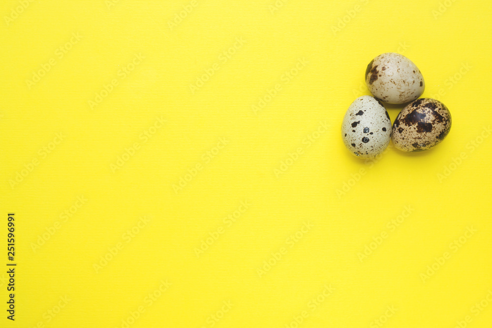 quail eggs on yellow background with copy space.