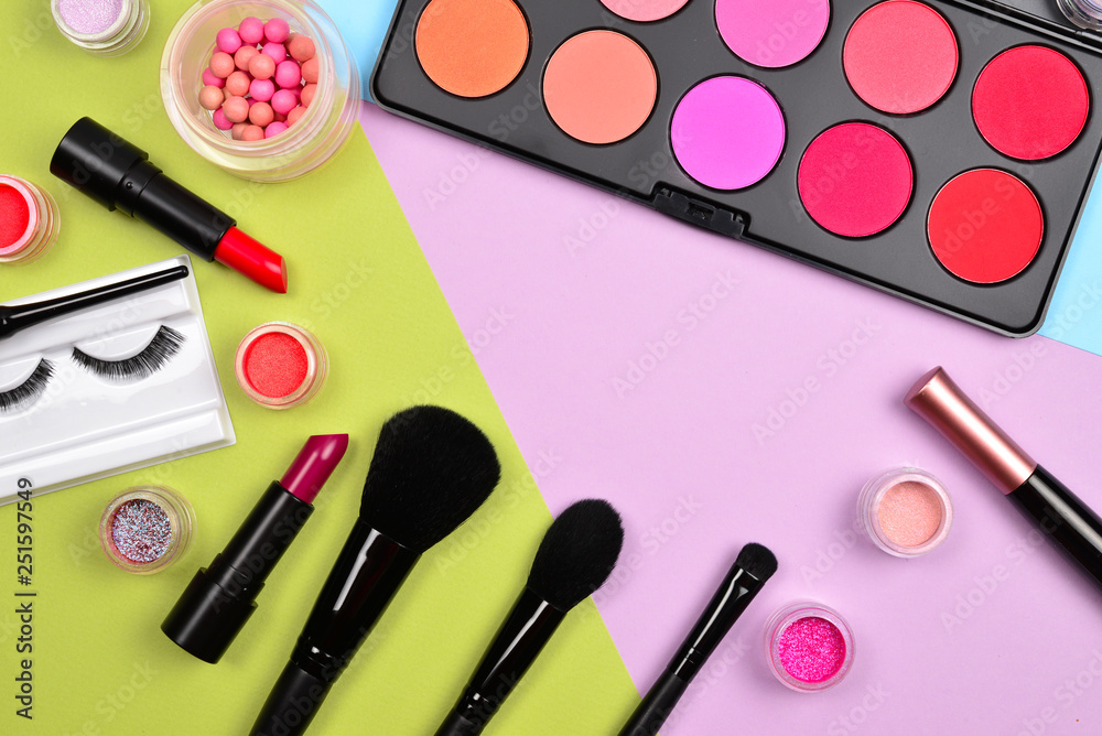Professional makeup products with cosmetic beauty products, blushes, eye liner, eye lashes, brushes and tools. Professional makeup products with cosmetic beauty products, blushes, eye liner, eye lashes, brushes and tools.