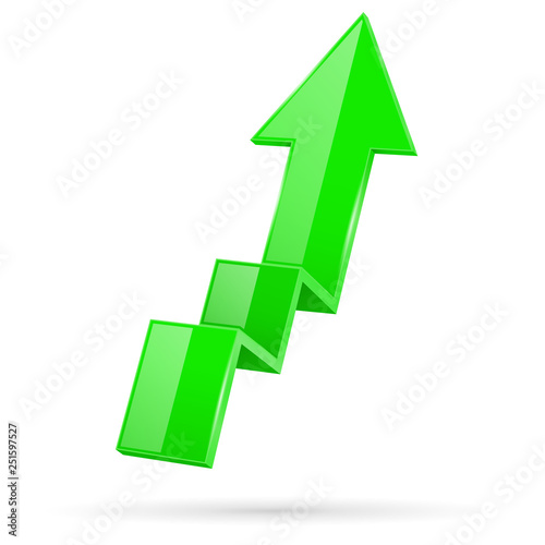 Green indication arrow. Moving up 3d financinal sign