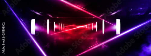 Fototapeta Naklejka Na Ścianę i Meble -  Abstract red, pink background with neon lights, metal construction, tunnel, corridor, neon lights, red laser lights, smoke. Light pyramid, triangle. 3D illustration