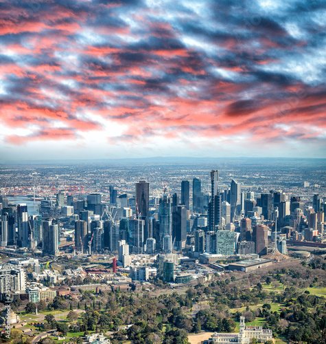 Aerial view of Melbourne skyline from helicopter, Australia.