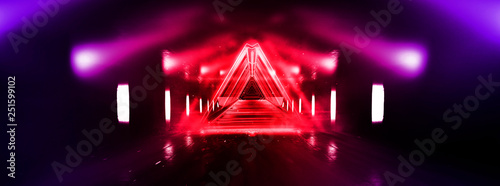 Abstract red, pink background with neon lights, metal construction, tunnel, corridor, neon lights, red laser lights, smoke. Light pyramid, triangle. 3D illustration