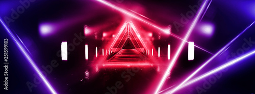 Abstract red, pink background with neon lights, metal construction, tunnel, corridor, neon lights, red laser lights, smoke. Light pyramid, triangle. 3D illustration