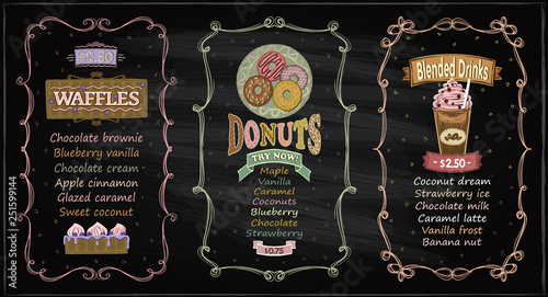 Donuts, waffles and blended drinks chalkboard menu for cafe or restaurant