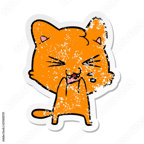 distressed sticker of a cartoon hissing cat