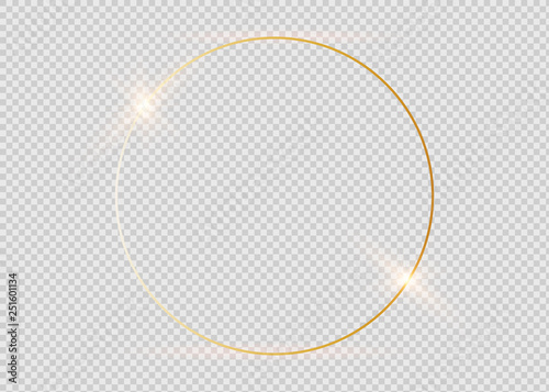 Gold shiny glowing vintage frame with shadows isolated on transparent background. Golden luxury realistic rectangle border.