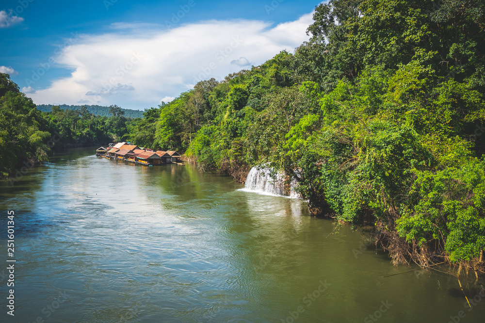 Blue sky high peak mountains fog hills mist scenery river lake dam bay gulf wildlife National park views Kanchanaburi, Thailand. Blue sky high peak mountains fog hills mist scenery river lake dam bay gulf wildlife National park views Kanchanaburi, Thailand.