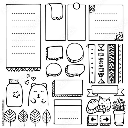 Bullet journal hand drawn vector elements for notebook, diary and planner. Doodle frames set isolated on white background. 