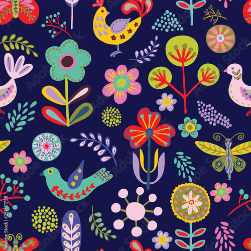 seamless folk art pattern with flowers