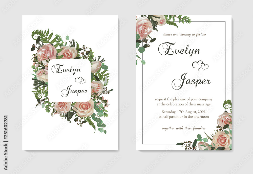 Set for wedding invitation, greeting card, save date, banner. Flowers, leafs, boxwood, brunia and eucalyptus, pink rose. Decorative square frame. Vector template