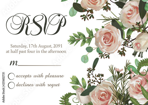 Vector card floral design with green watercolor, eucalyptus, forest fern, herbs, eucalyptus, branches boxwood, buxus, pink rose. Horizontal frame, square. On white background. Rvsp, 