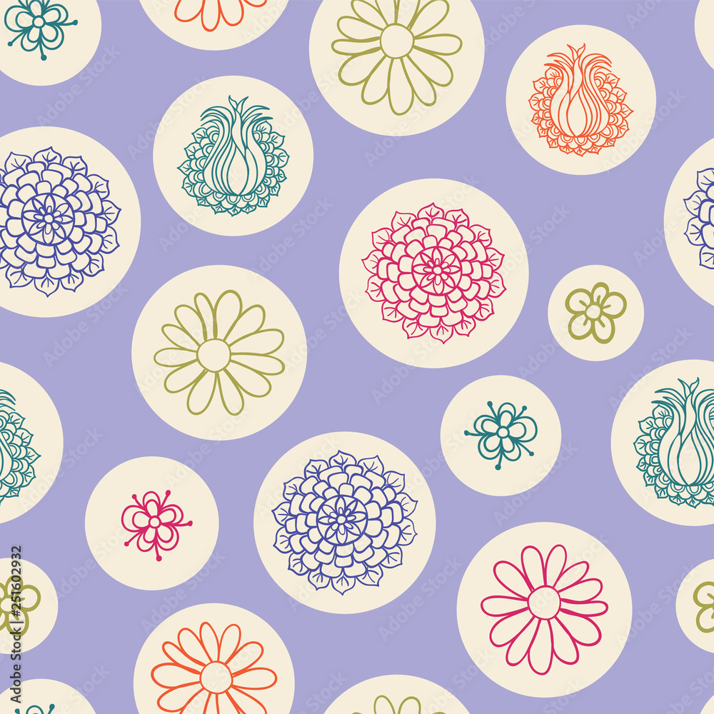 Seamless pattern with flowers in bubbles. great for wallpaper, backgrounds, invitations, packaging design projects.