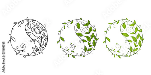 Graphic vector symbol Yin Yang. Design element with floral motif. Graphic vector symbol Yin Yang. Design element, logo with floral motif.