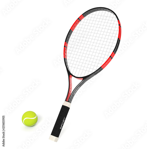 Tennis racket with yellow ball. 3d rendering illustration © savanno
